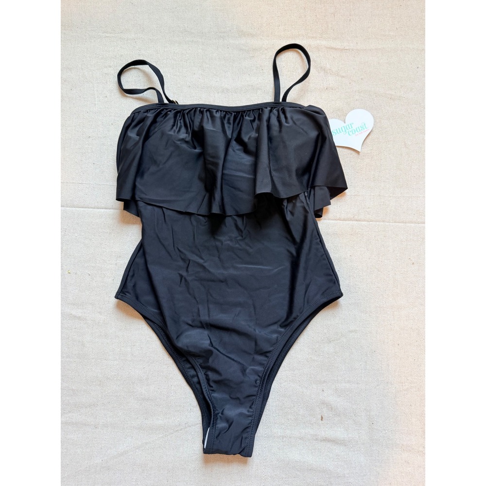 Sugar Coast by Lolli Swim Womens Ruffle One Piece Swimsuit Black AB485 Small
